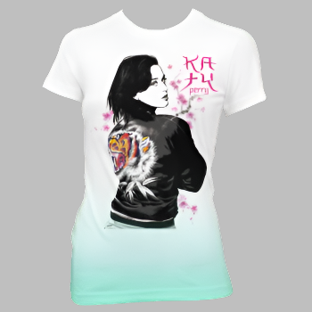 katy perry cherry blossom t-shirt. juniors fitted tee. Licensed. White T-shirt. FubarShirts.com Free Shipping.