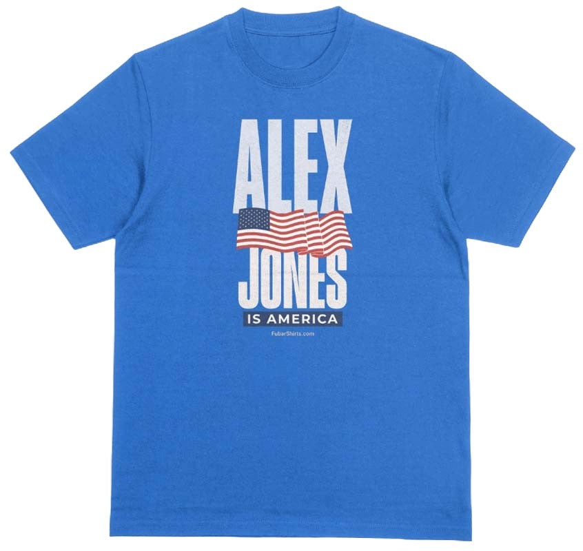 Alex Jones Is America T-shirt. Blue. Premium Gildan Soft Style shirt. Free Shipping. Fubarshirts.com. Unisex.