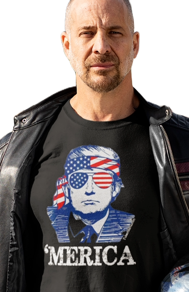 Merica Trump t-shirt. Unisex. Black. Gildan Soft Style. Free Shipping. Patriotic. FubarShirts.com
