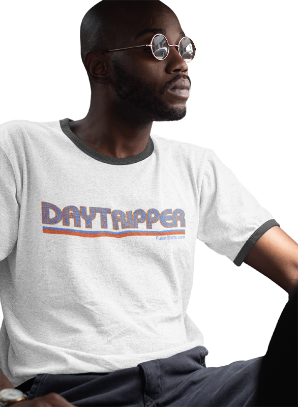 daytripper t-shirt - ringer 70s style. white color w black hems.