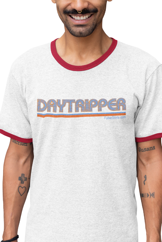 White Daytripper t-shirt w red hems. 70s retro style.