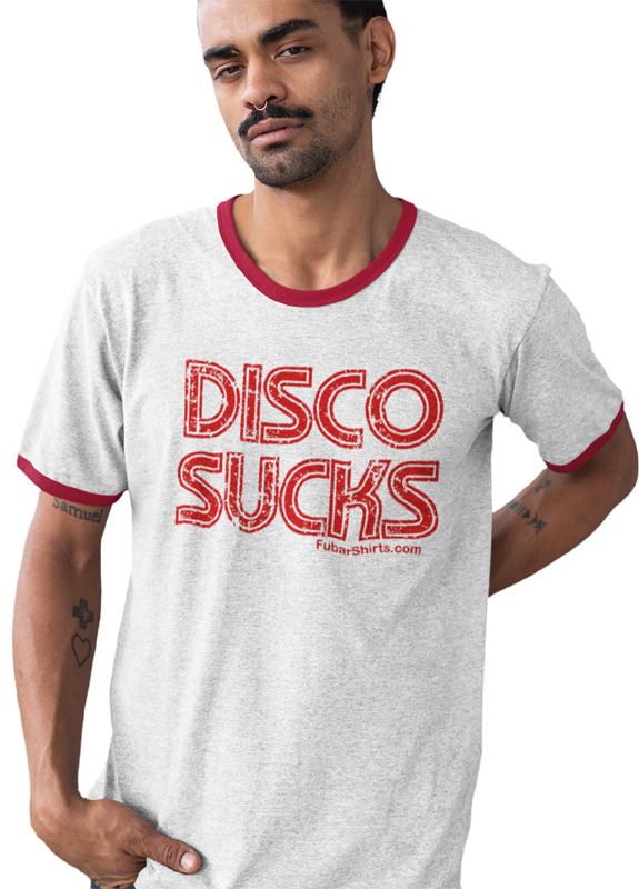 Disco Sucks Ringer shirt. White tee.