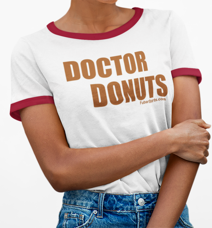 doctor donuts penny tee - white shirt / red trim - fubarshirts.com