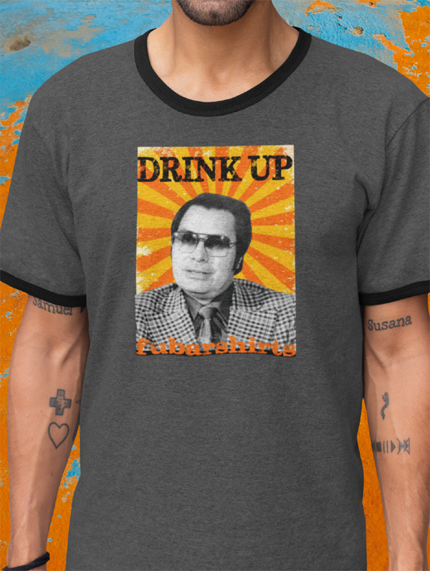 Jim Jones Drink Up T-shirt. Charcoal Ringer Tee. Vintage Retro 70s style.