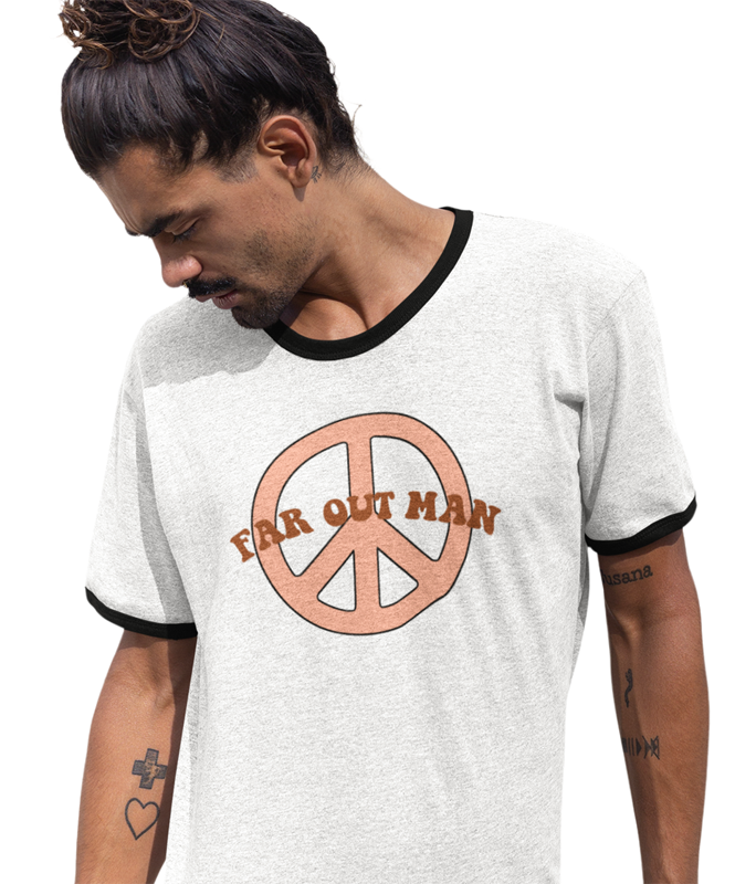 retro Far Out Peace Sign t-shirt. Ringer style. White color.
