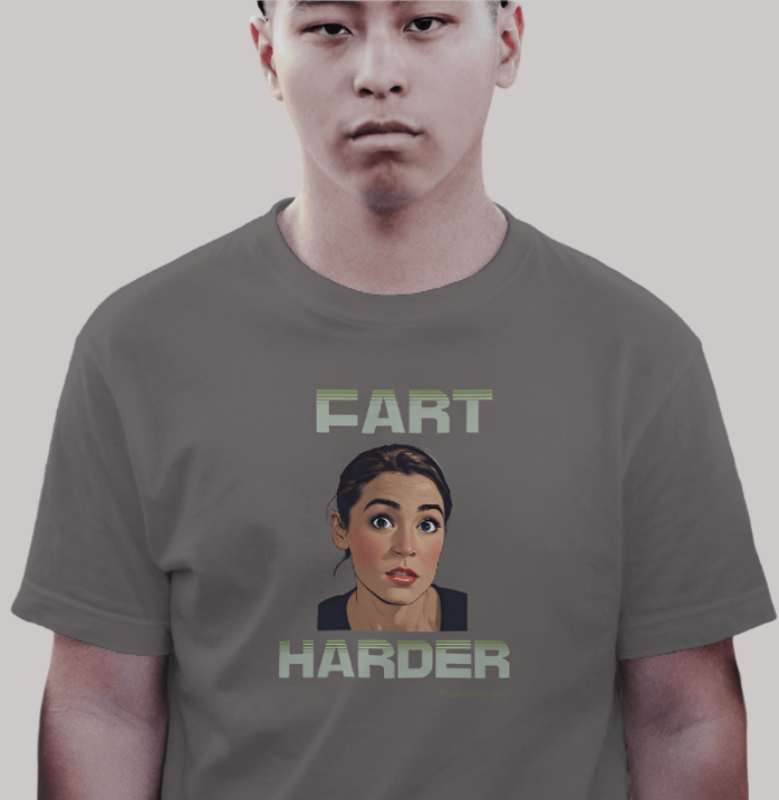 AOC Fart Harder t-shirt. Charcoal color. 100% preshrunk heavy duty cotton. FREE SHIPPING. FubarShirts.com