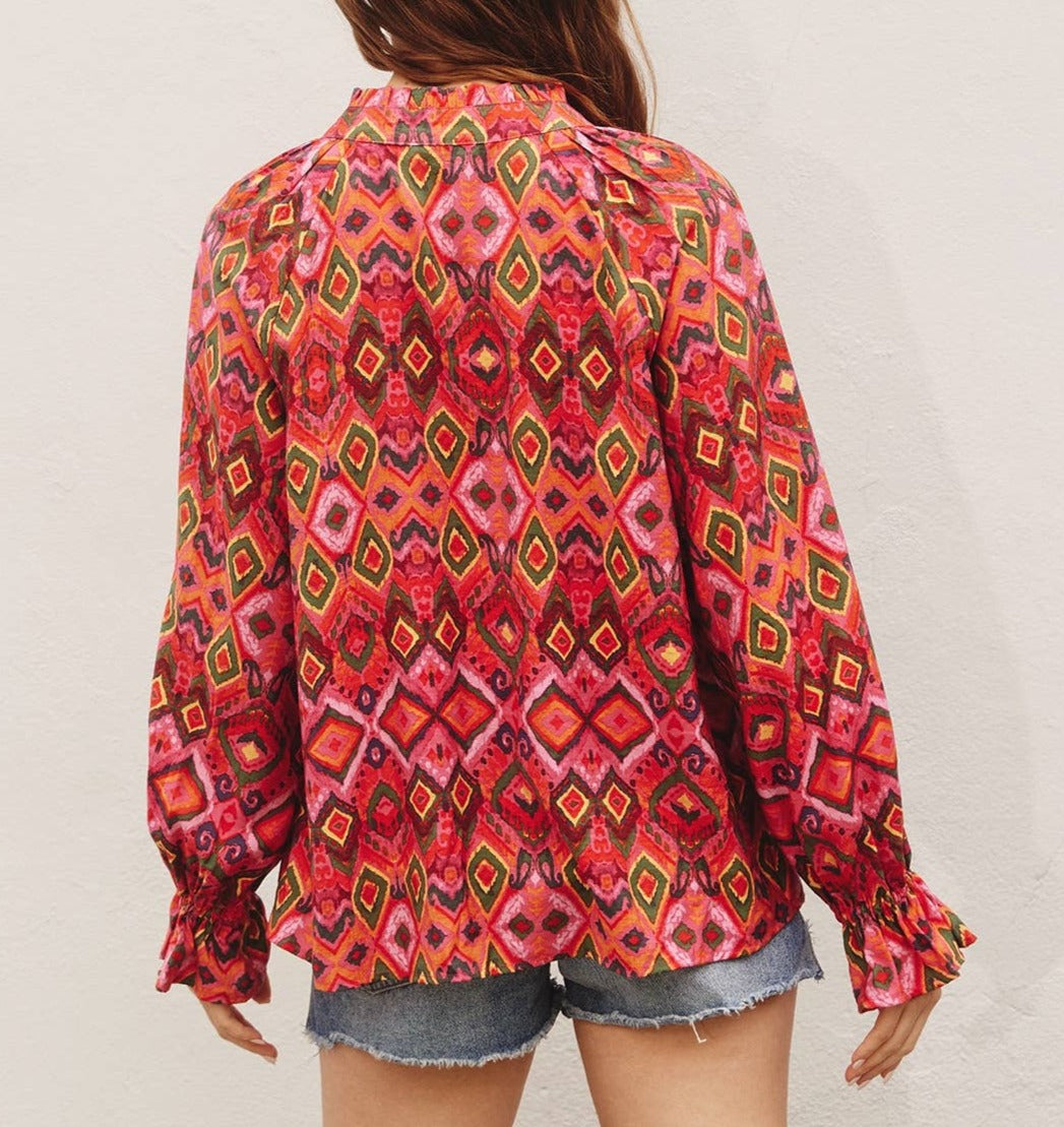 Rear View. Positano Ruffled Collar Button Down Blouse by FubarShirts.com.