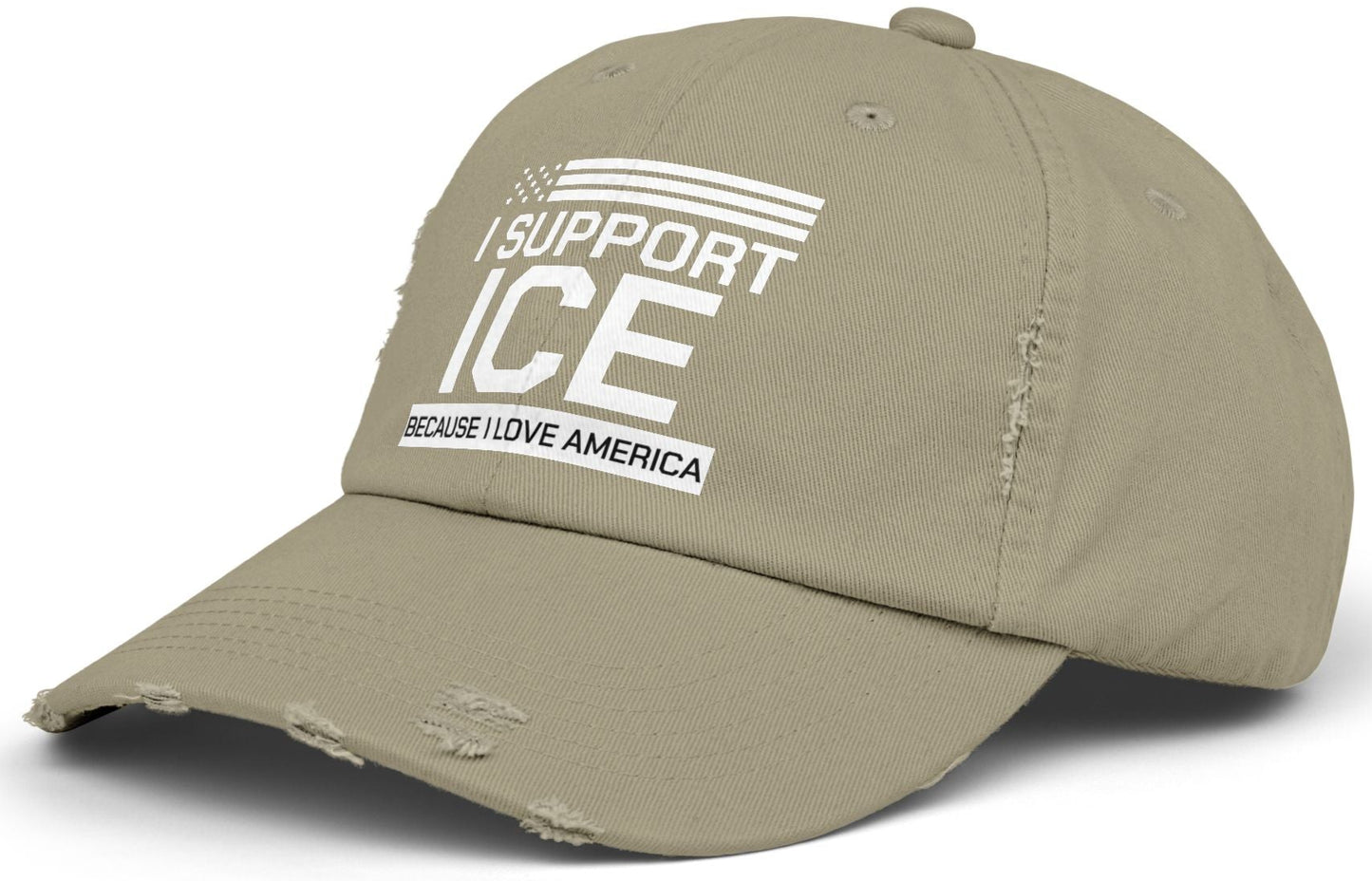 Adjustable light olive cap with text on a white background