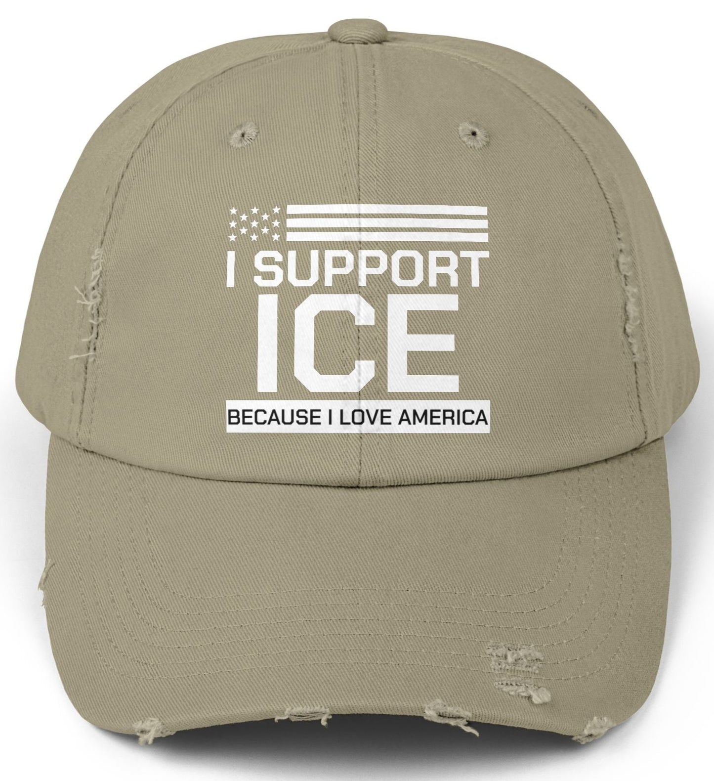 Light Olive cap with 'I Support ICE Because I Love America' text on a white background