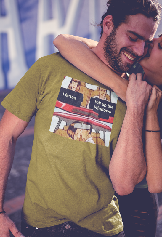I farted roll up the windows t-shirt by fubarshirts.com - army green color.