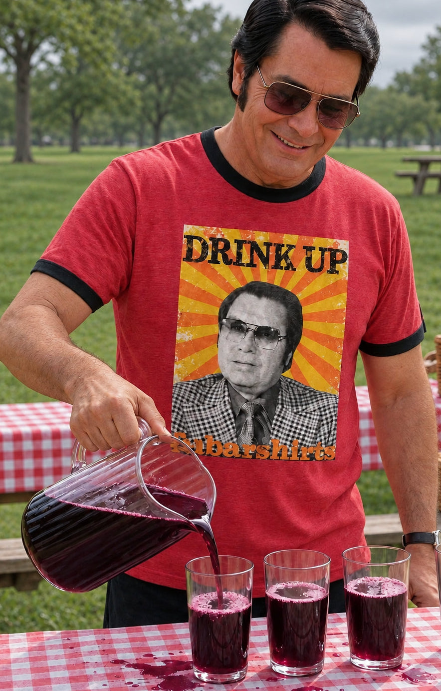 Jim Jones drink up shirt. Red with black trim. Ringer tee.