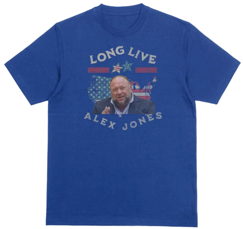 Long Live Alex Jones shirt. Royal Blue t-shirt. Premium Gildan Soft Style teeshirt. Unisex. Free Shipping by FubarShirts.com