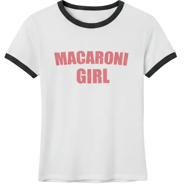 macaroni girl penny tee. white shirt w black hem. unisex. free shipping. fubarshirts.com