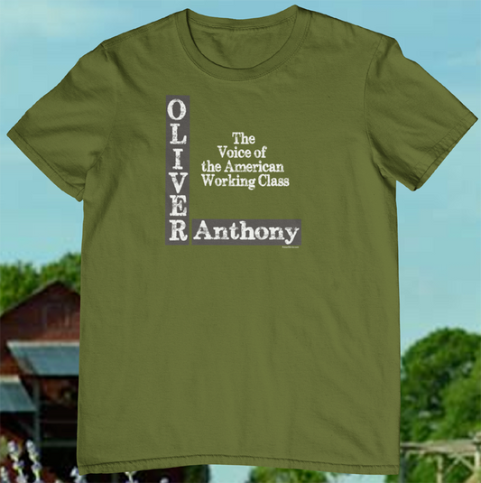 new oliver anthony shirt. voice of the working class. army green tee.