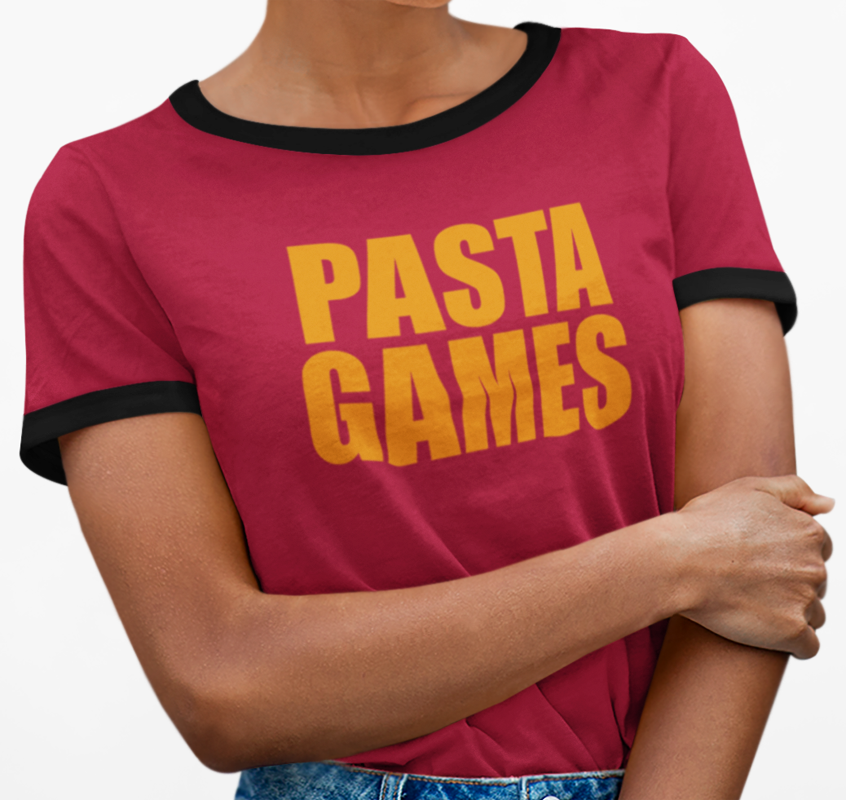 Pasta Games Penny Tee - FubarShirts.com - Red ringer shirt.