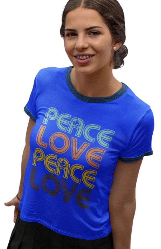 peace love ringer t-shirt. blue color.