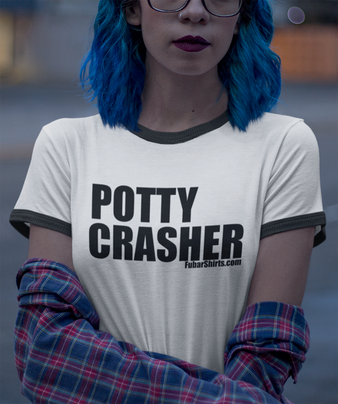 Potty Crasher Penny Tee from FubarShirts.com. White tee.