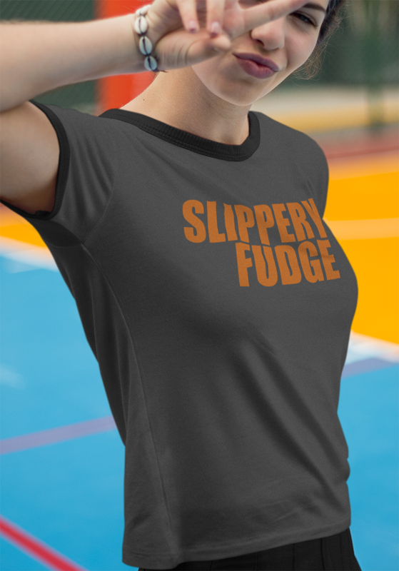 Slippery Fudge Penny Tee - FubarShirts.com - Charcoal colored ringer.