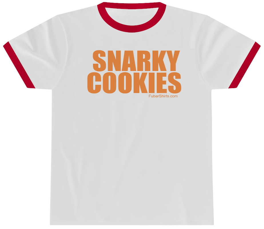 Penny Tee. Snarky Cookies. White shirt with red trim.