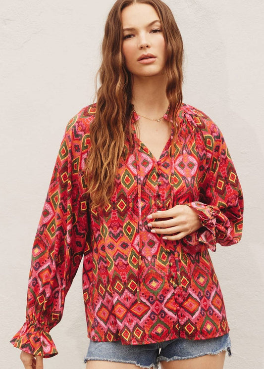 Positano Button Up Long Sleeve Womens Shirt in Watermelon Color by FubarShirts.com.