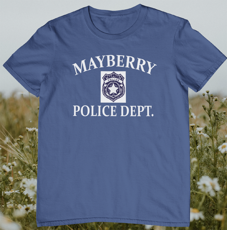 andy griffith t-shirt | mayberry police dept shirt | blue tee white font.