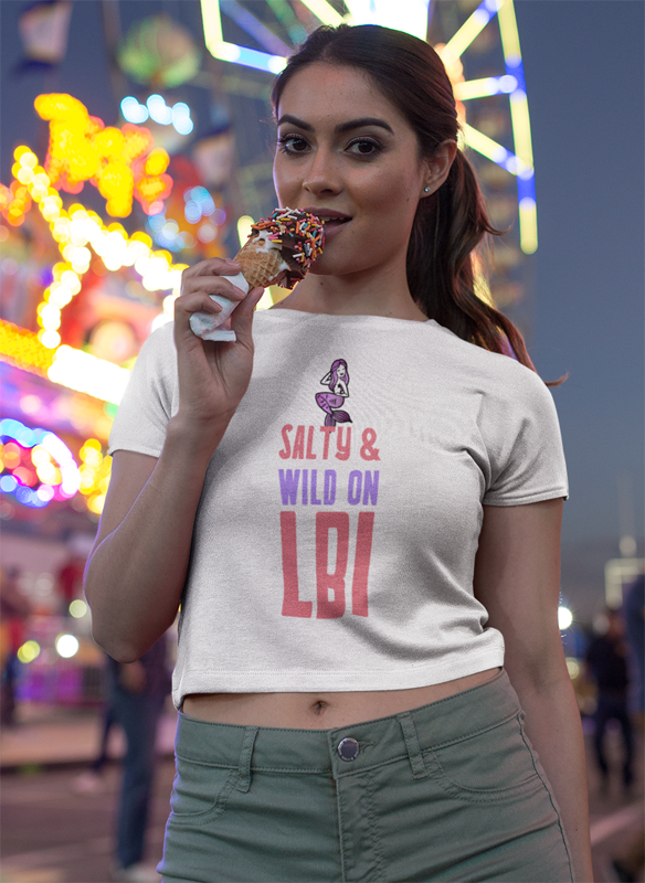 lbi crop top. salty and wild on lbi shirt. White tee.