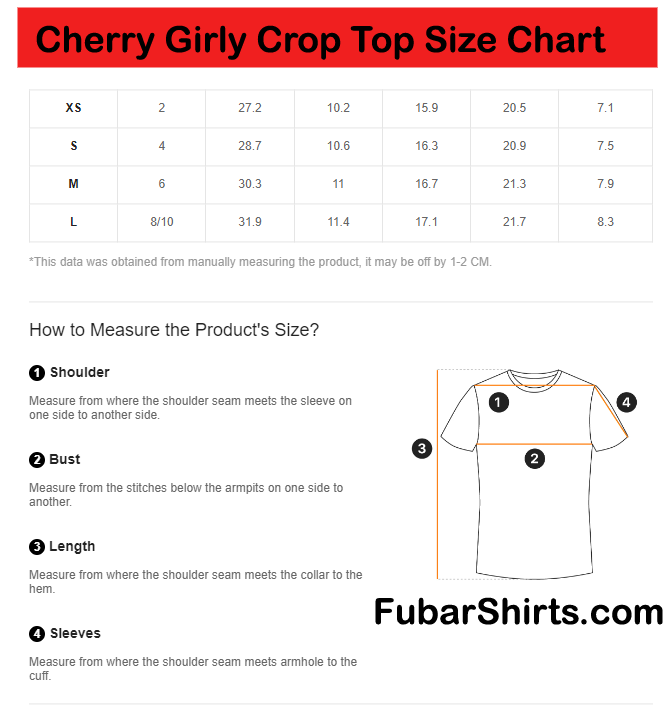 Crop Top T-shirt size chart.