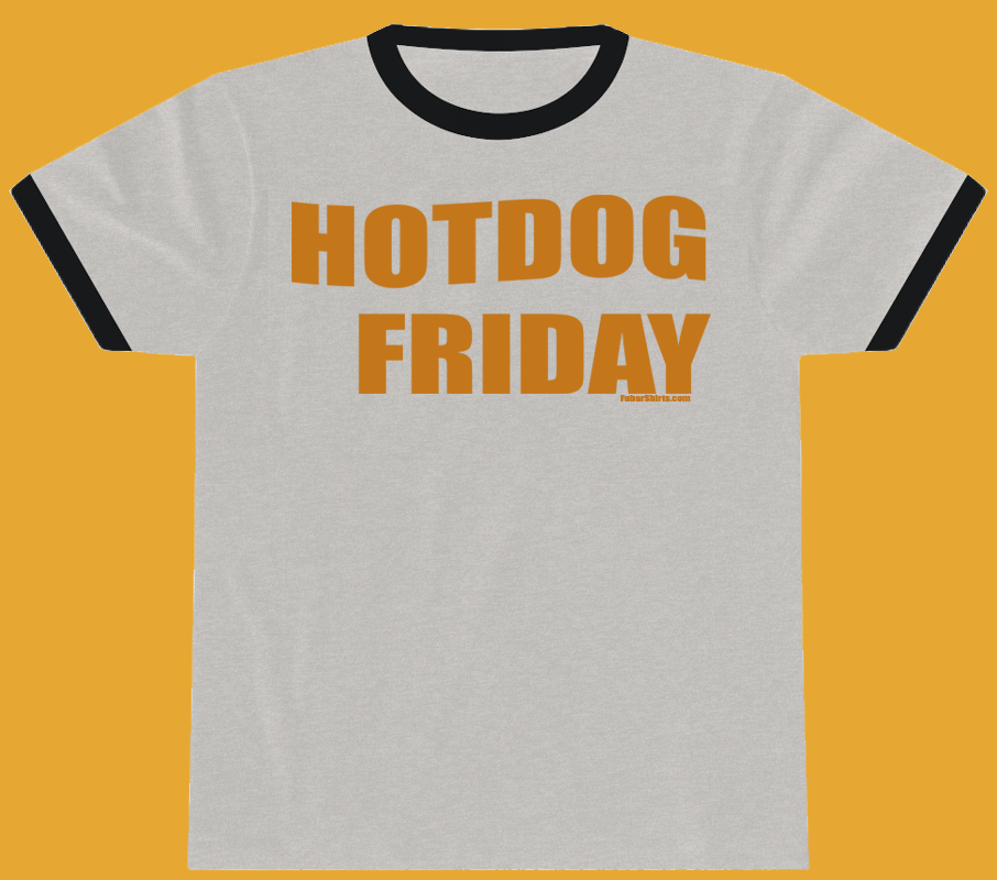 Hot Dog Friday Penny Tee. Ringer Shirt. Heather color. Retro.