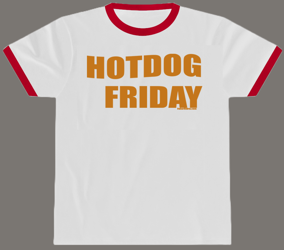 Hot Dog Friday Penny Tee. Ringer Shirt. White color. Retro.