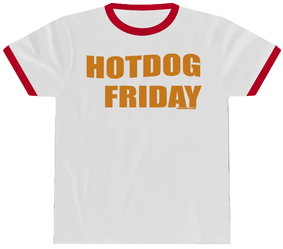 Hot Dog Friday Penny Tee. Ringer Shirt. White color. Retro.