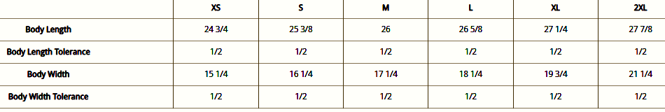 size chart for OBVS tee by fubarshirts.com