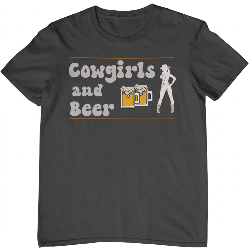 Cowgirls and Beer Tee. Charcoal color. Unisex. Free Shipping. Premium Gildan Soft Style Cotton.