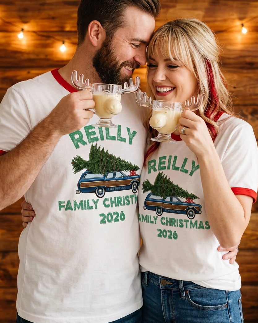 Personalized Custom Family Christmas T-shirt. Add your family name. Free Shipping. Unisex. Retro Ringer Tees. 100% cotton.