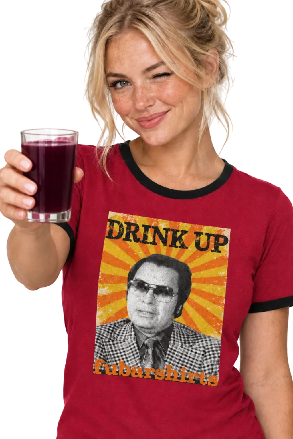 Jim Jones Drink Up T-shirt. Red Ringer Tee. Vintage Retro 70s style.