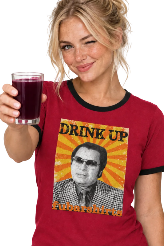 Jim Jones Drink Up T-shirt. Red Ringer Tee. Vintage Retro 70s style.
