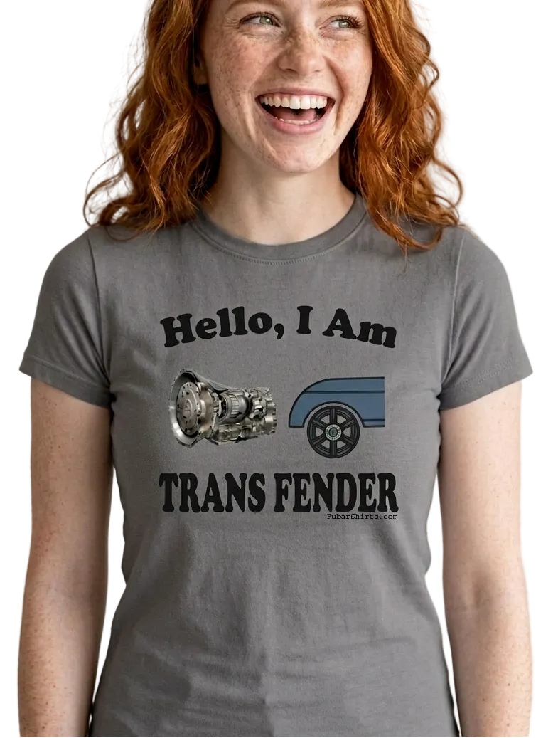 Hello I Am Trans Fender t-shirt. Charcoal. Free Shipping. Unisex. FubarShirts.com