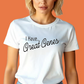Woman wearing a white t-shirt with 'I Have... Great Genes' text on an orange background
