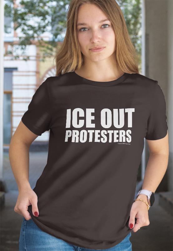 Person wearing a black t-shirt with 'ICE OUT PROTESTERS' text.