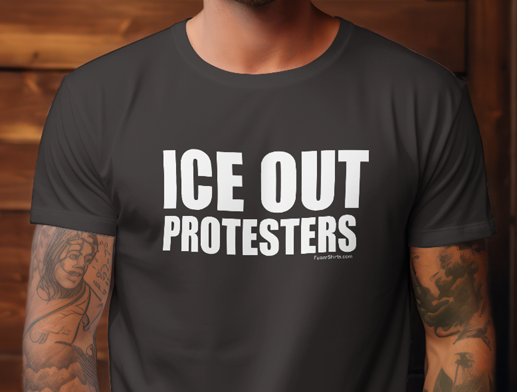 Person wearing a black t-shirt with 'ICE OUT PROTESTERS'. closeup picture.