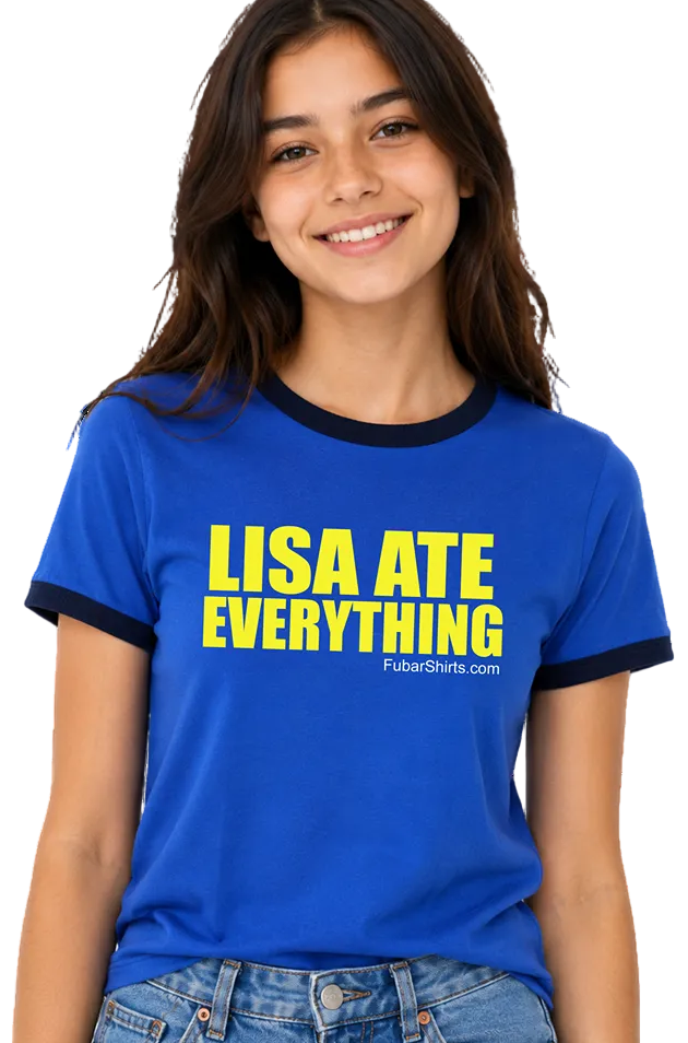Lisa Ate Everything Penny Tee. Funny unisex ringer t-shirt exclusive for FubarShirts.com. Royal blue and navy trim.