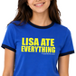 Lisa Ate Everything Penny Tee. FubarShirts.com. Funny Penny Tee. Blue. Unisex. Free Shipping.