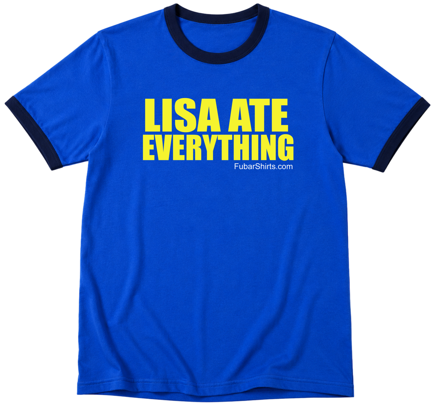 Lisa Ate Everything iCarly Penny Tee. Funny ringer retro tee. Royal blue w navy trim. Unisex, free shipping and made in america.