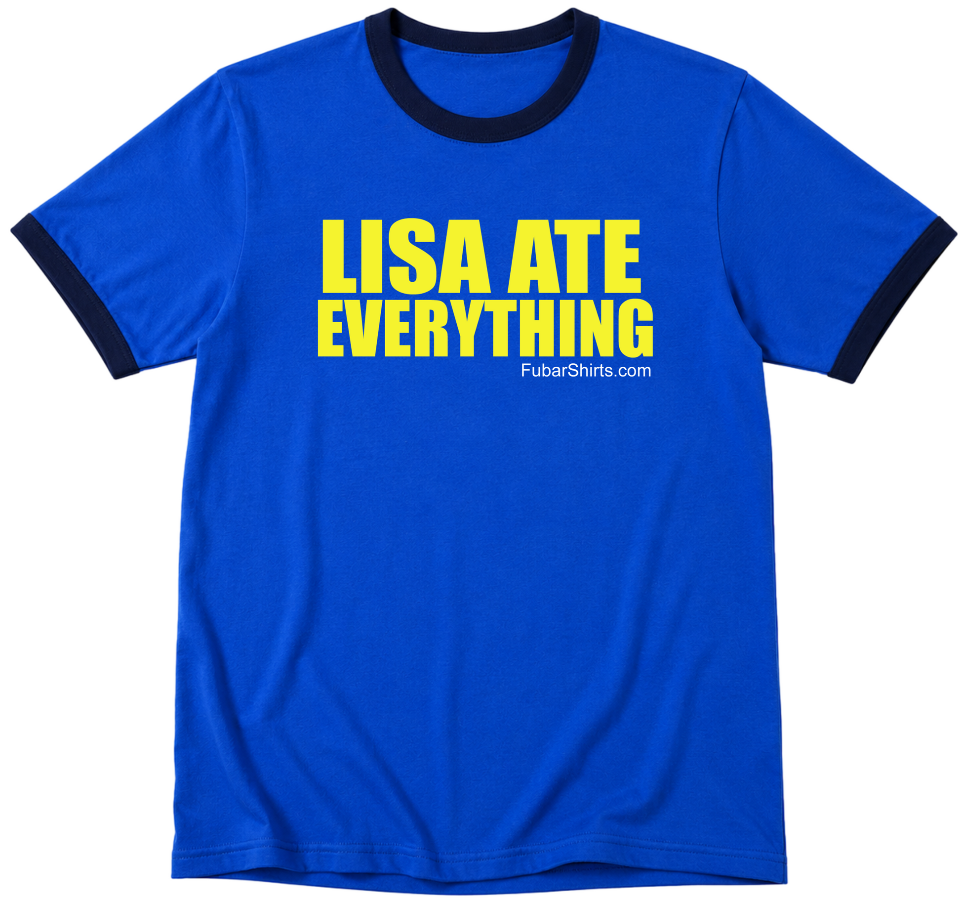 Lisa Ate Everything iCarly Penny Tee. Funny ringer retro tee. Royal blue w navy trim. Unisex, free shipping and made in america.