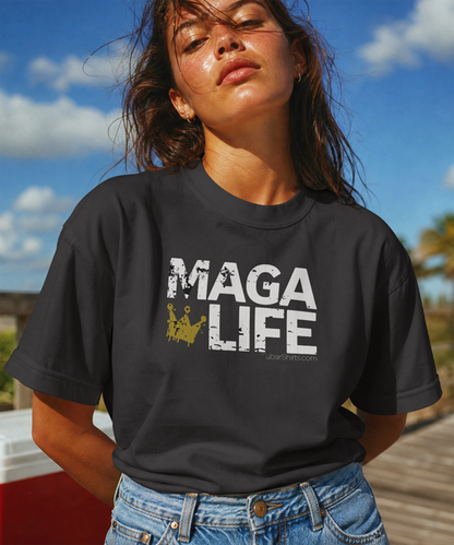 Detailed closeup of the high-quality screen printing on the ultra-soft cotton MAGA Life patriotic t-shirt.