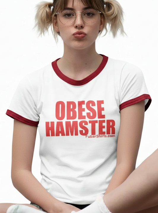 Obese Hamster Penny Tee. Ringer. Free Shipping. iCarly style. White shirt - red hems. FubarShirts.com. Unisex.