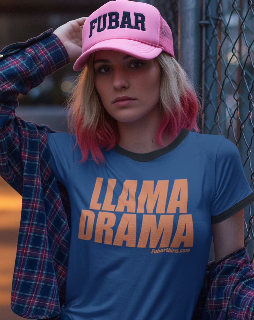 llama drama penny tee t-shirt - blue shirt - fubarshirts.com - unisex - free shipping.