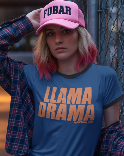 llama drama penny tee t-shirt - blue shirt - fubarshirts.com - unisex - free shipping.