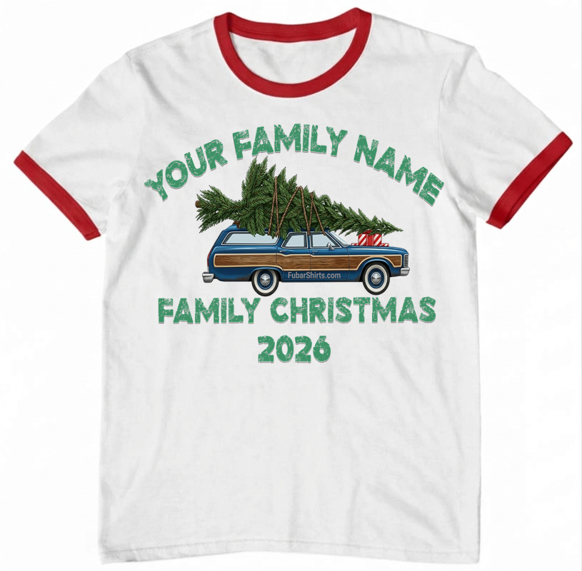 Custom Family Christmas T-shirt. Add your family name. Free Shipping. Unisex. Retro Ringer Style. White with red trim. 100% cotton