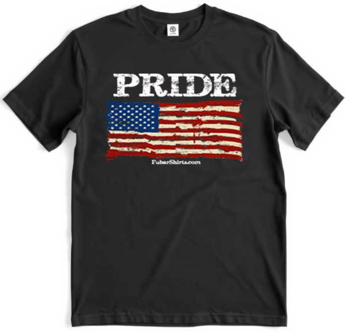 American Pride Flag Shirt. Premium Gildan Soft Style Cotton. Unisex. FubarShirts.com. Black tee.