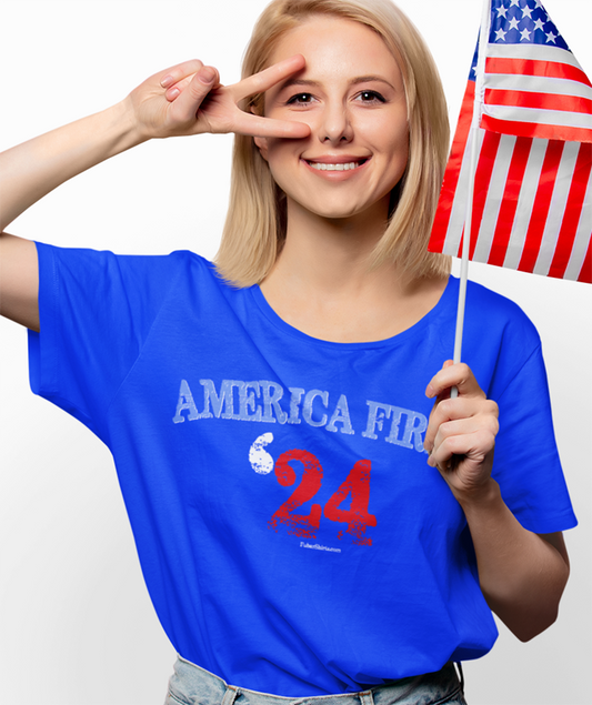 america first '24 t-shirt made by FubarShirts.com. Blue color.